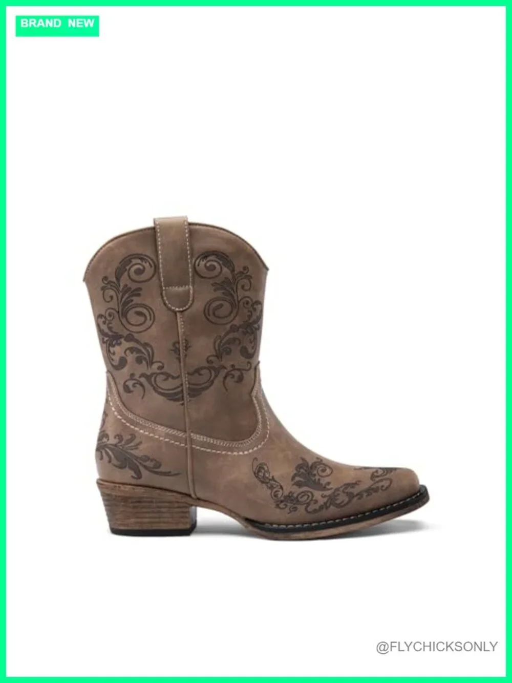 Women's Square Toe Western Ankle Boots with Side Zipper, Faux Leather, Low